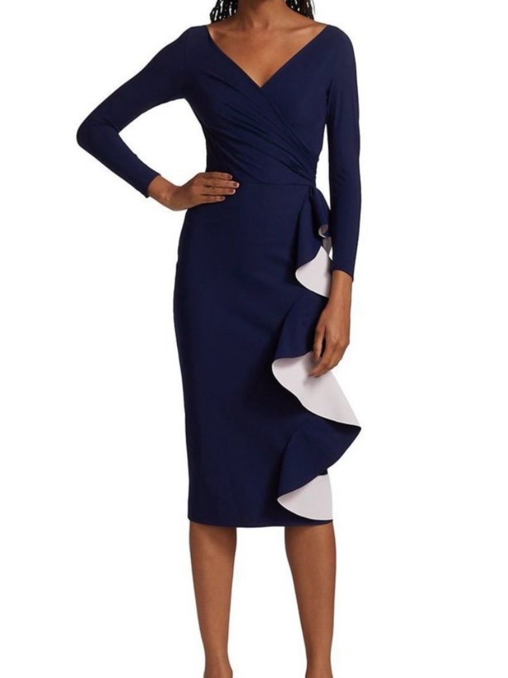 Chiara Boni La Petite Robe Long-Sleeve  Midi Dress with Side Ruffle